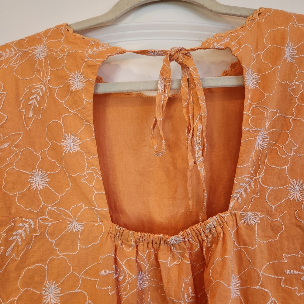 LOFT Orange Floral Puff-Sleeve Blouse Cut-Out Back With Tie Size XL Embroidered - Picture 6 of 10